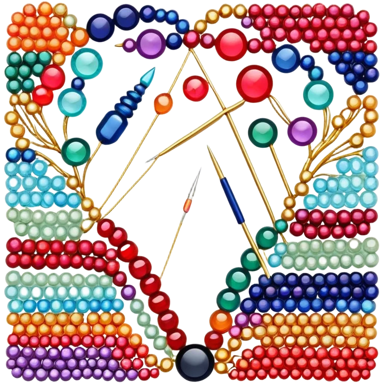 Create a harmonious and well-composed icon that represents the hobby of beadwork. The design should feature colorful beads, thread, and a beading needle or tool in a balanced arrangement. The elements should flow naturally, reflecting the creativity and precision of the craft. Ensure the composition is clean and aesthetically pleasing, with vibrant yet balanced colors. The background should be transparent. emoji