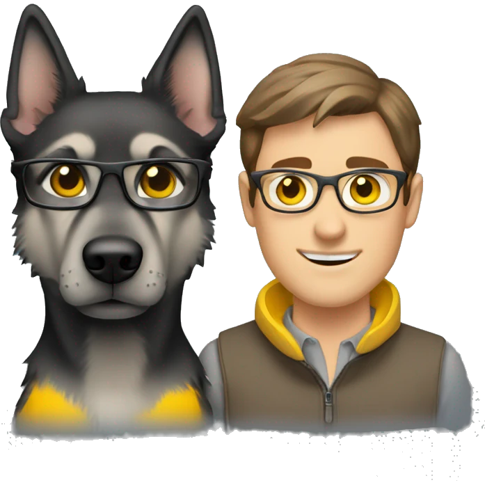 a guy with brown hair, black thin glasses and grey eyes with the grey german shepherd with yellow eyes emoji