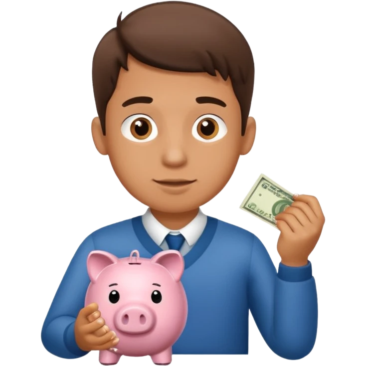 A young guy puts money in a piggy bank. emoji