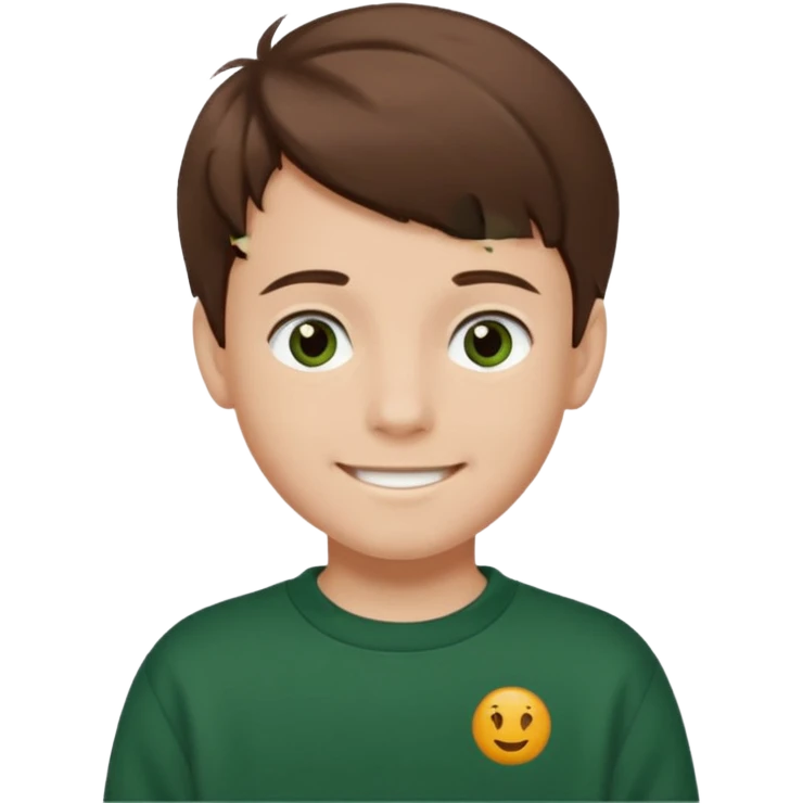a smiling boy with brown hair and white skin he has dark eyes and he is wearing a dark green sweatshirt emoji