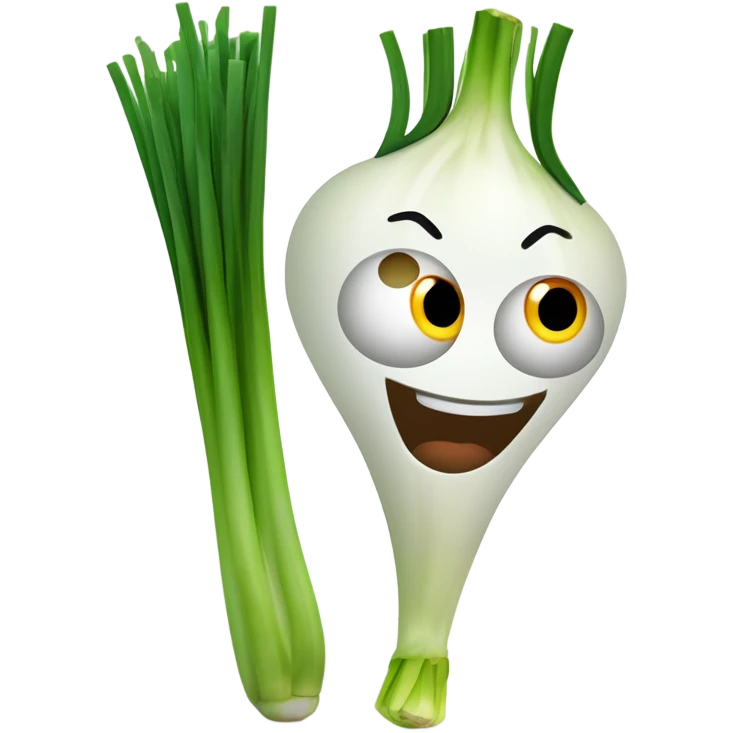 Smiling green onion with a bundle of long, thin green stalks as hair, big expressive eyes, and a cheerful cartoonish face on the white bulb section. Vibrant and playful design. emoji