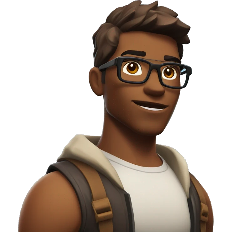  A tall, bespectacled, muscular and strong young man, deep-set eyes, round face, with dark brown hair and a brown skin tone, portrayed in the style of a Fortnite character rederend in the style of a fortnite character emoji