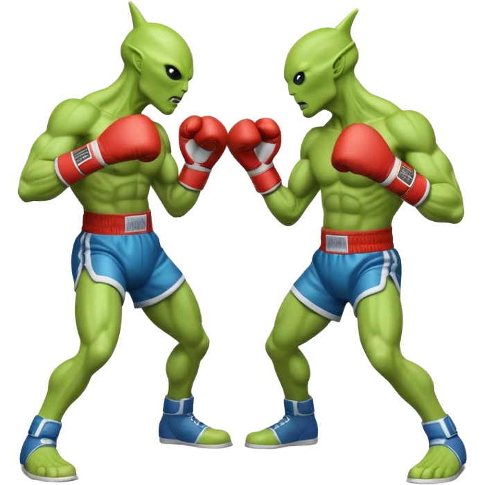 two aliens boxing in a fight stance, facing each other with raised gloves, dynamic action pose, intense expressions, sci-fi arena vibe, 3D cartoon style, mobile game icon style, clean background, no text, no watermark
 emoji