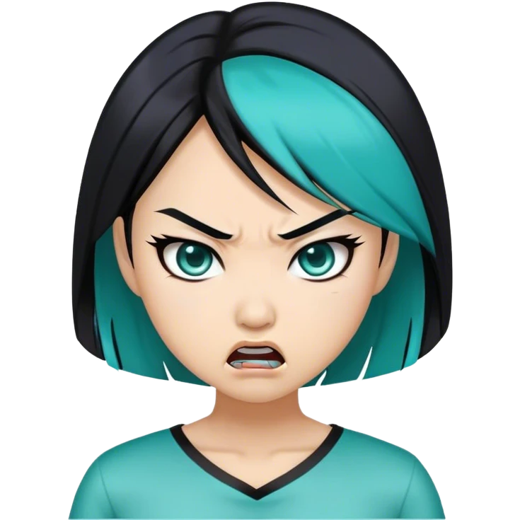Black hair Asian women with teal highlights and angry face  emoji