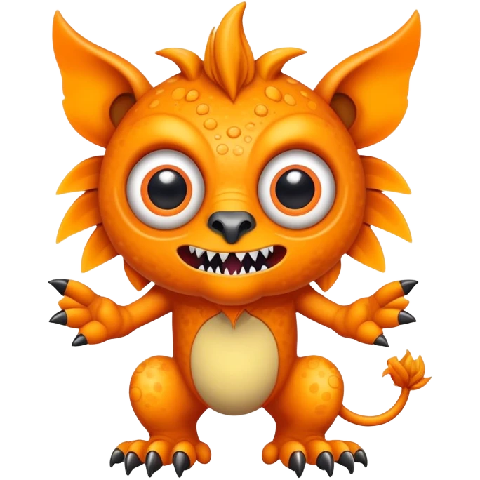 An orange creature with a lion face with fangs, alien googly eyes, claws, wings, with white dots. emoji