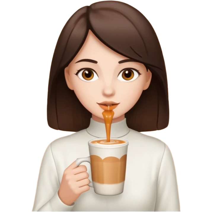 white brunette with brown eyes and a white outfit, drinking a caramel machiatto emoji