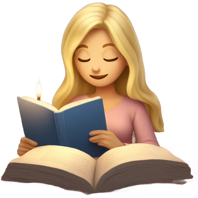 Cozy blonde girl reading book with blanket and candle emoji