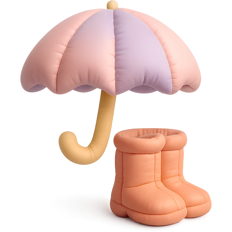 plush umbrella and rain boots, stylized and soft, playful colors, cushion style emoji