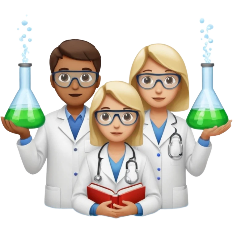 The team of scientists is waist-deep, surrounded by chemical flasks and books emoji