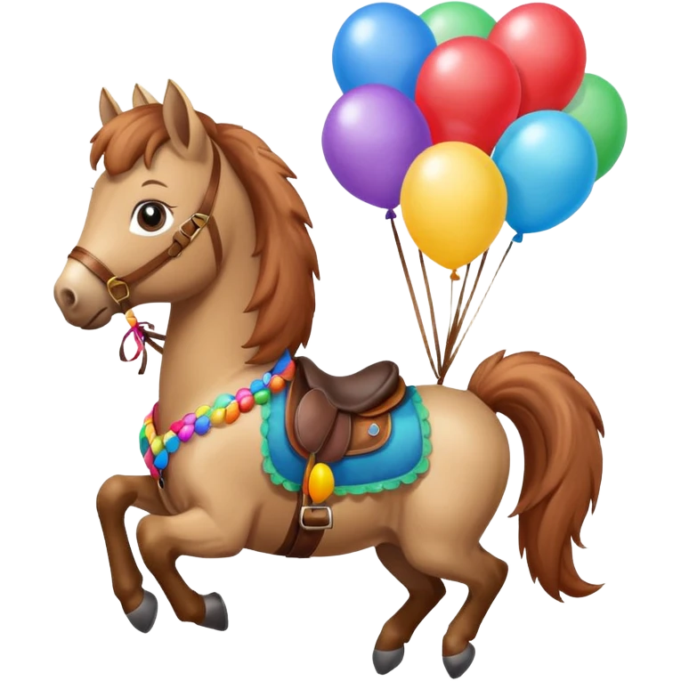 A small pony holding colorful balloons tied to its saddle, looking cheerful. emoji