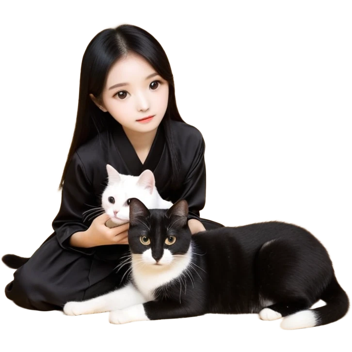 黑长发女生抱着一只布偶猫，猫是白色和浅黄色的 emoji