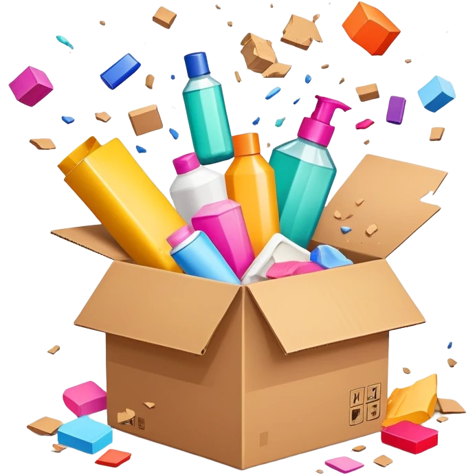 exploding cardboard box with beauty products flying out emoji
