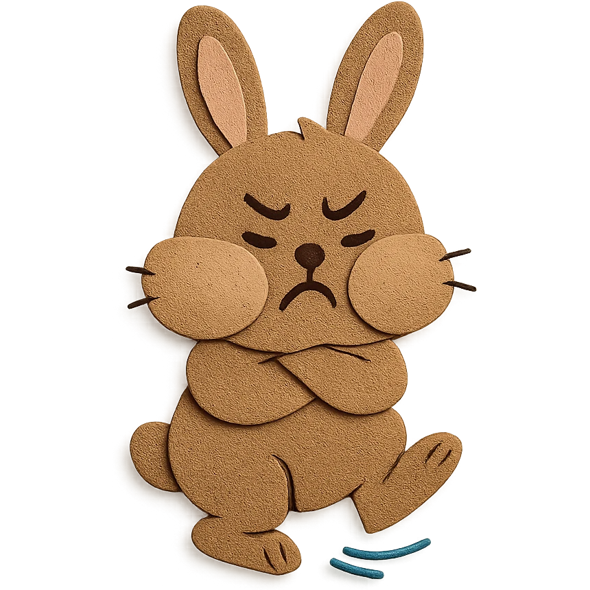 highly detailed, high quality paper craft style illustration of a mocha-colored bunny puffing its cheeks and stamping its foot, intricate textures, soft lighting, delicate cut-paper details emoji