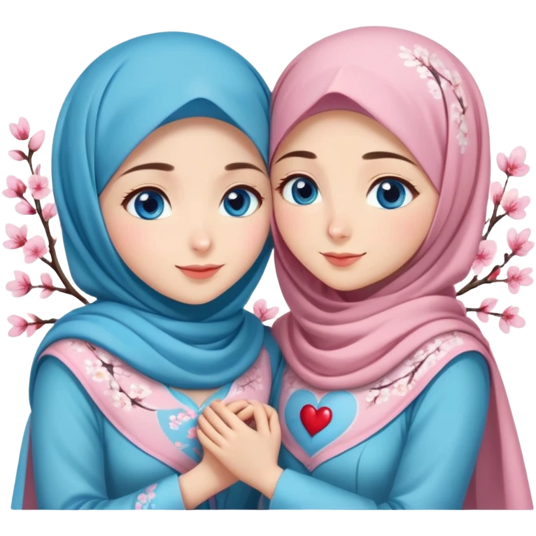 Two friendly Turkish girls beautiful finish Konya blue eyes with cherry blossom hijab and heart dress and hugs  emoji