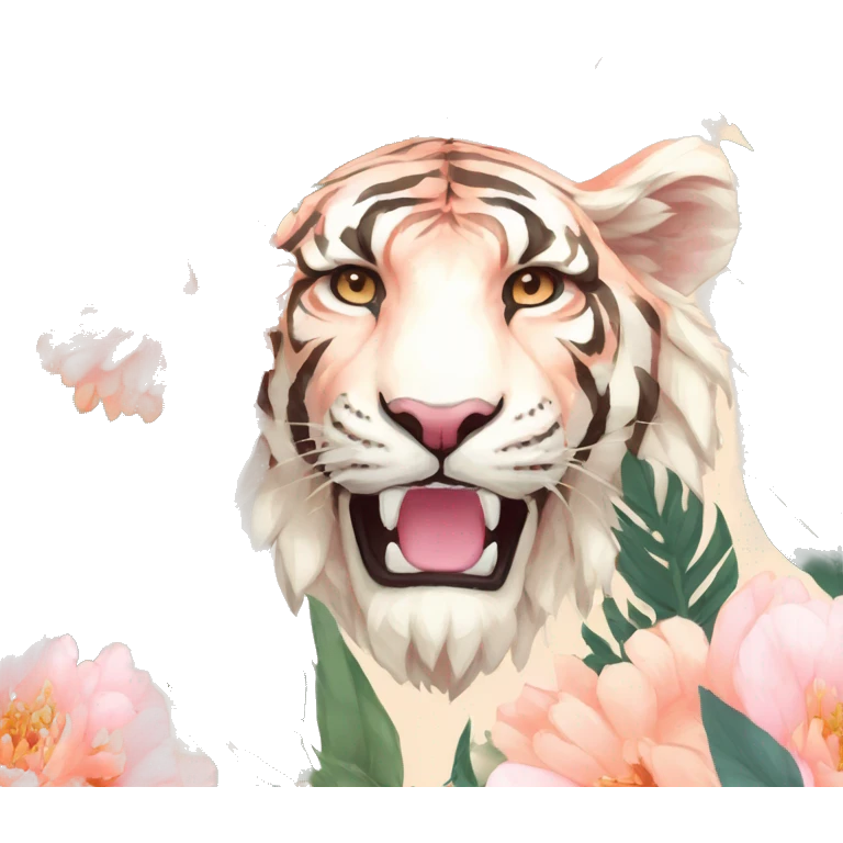 Pixel art of a pixel pink peach beige blue cream pastel pixel tiger pixel lion wearing tropical flowers and leaves, flower crown, floral, pixel emoji