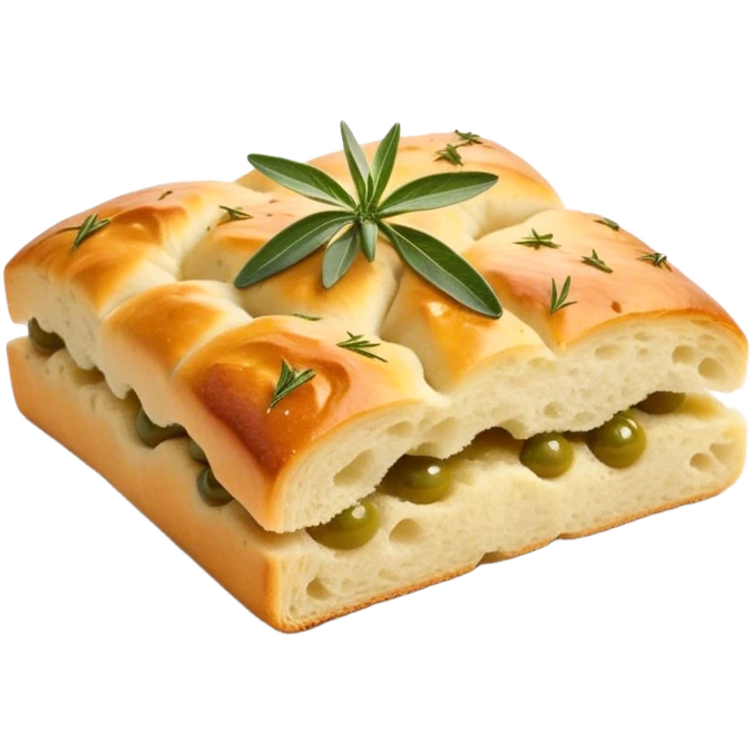 Cinematic Realistic Focaccia Bread Dish Emoji, depicted as a golden, olive oil brushed flatbread sprinkled with herbs rendered with lifelike texture and soft, appetizing lighting. emoji