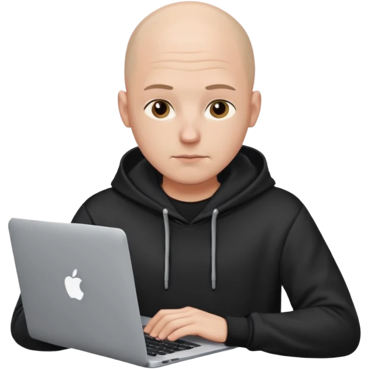 bald young programmer with MacBook wears hoodie  no scalp wrinkle emoji