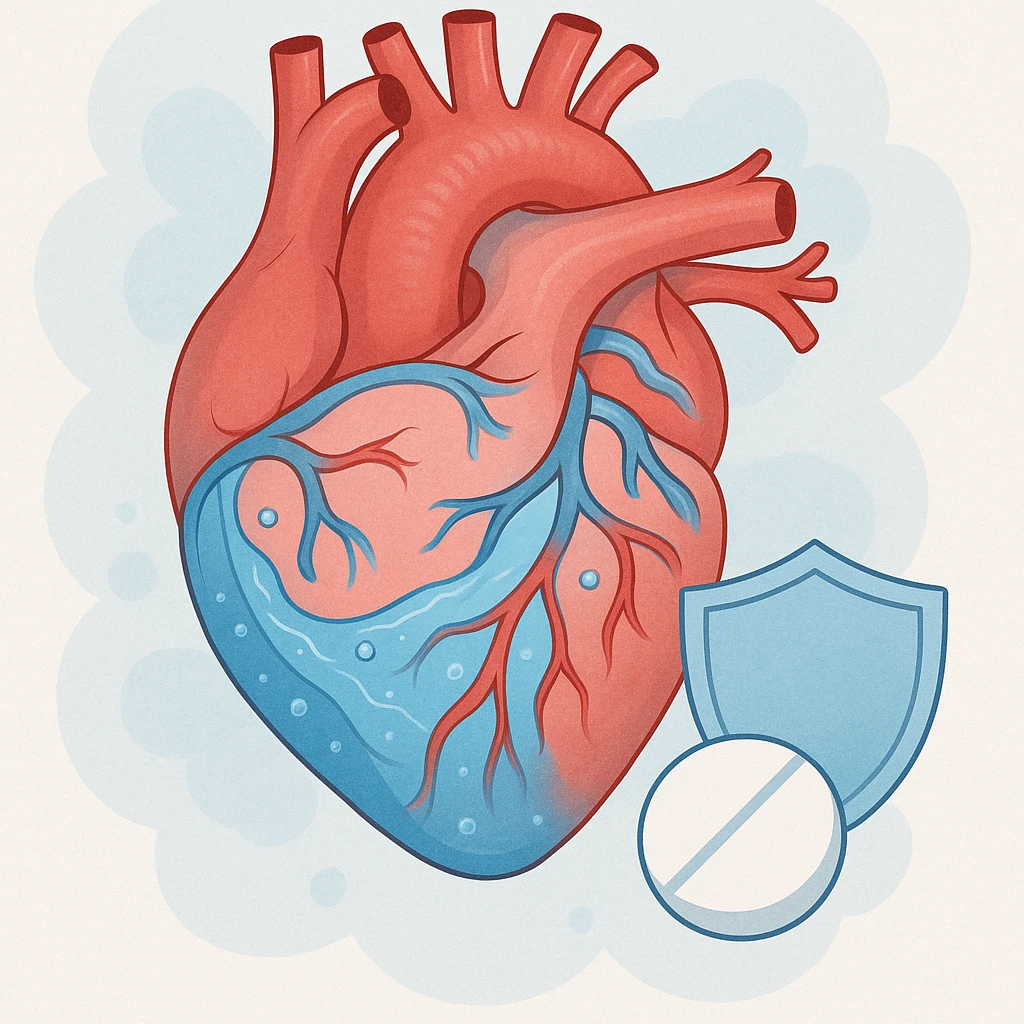 a heart with water flowing through blood vessels, symbolizing a medication that regulates blood pressure by controlling fluid balance, therapeutic and protective, clear and approachable style emoji