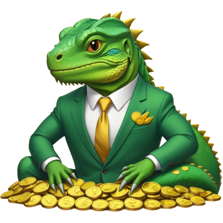 capitalist iguana in suit lying on coins emoji