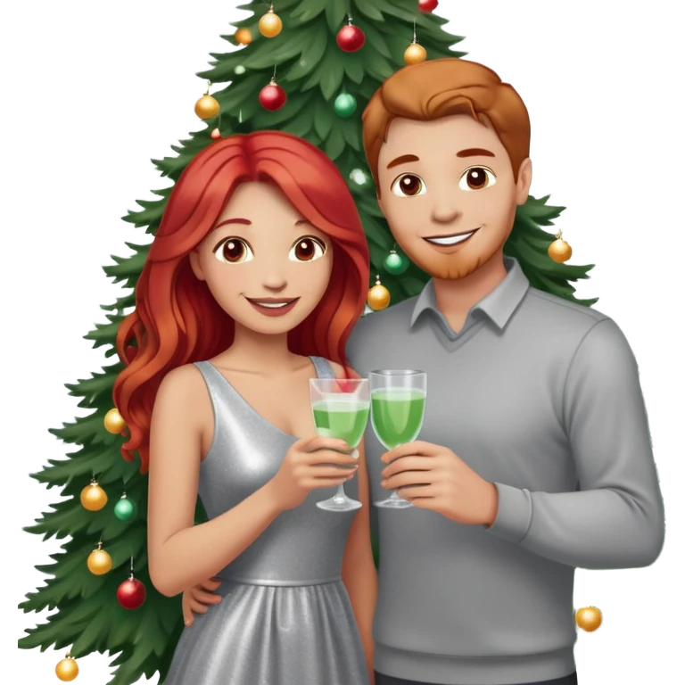 Couple at a Christmas party. The man has short light brown hair, light skin, and is wearing a light gray shirt, holding a drink. The woman has long red hair, light skin, wearing a shiny silver dress, smiling and standing close to the man. Christmas tree with lights in the background. Festive atmosphere. emoji
