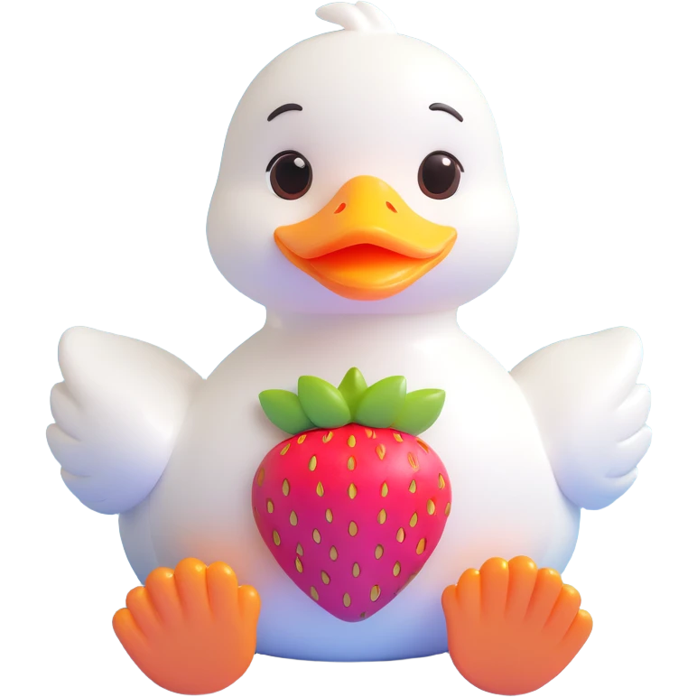 cute white duck with a strawberry-shaped shoulder bag, kawaii 3D style, pastel colors, big shiny eyes, soft lighting, iOS 18, duck sitting down emoji