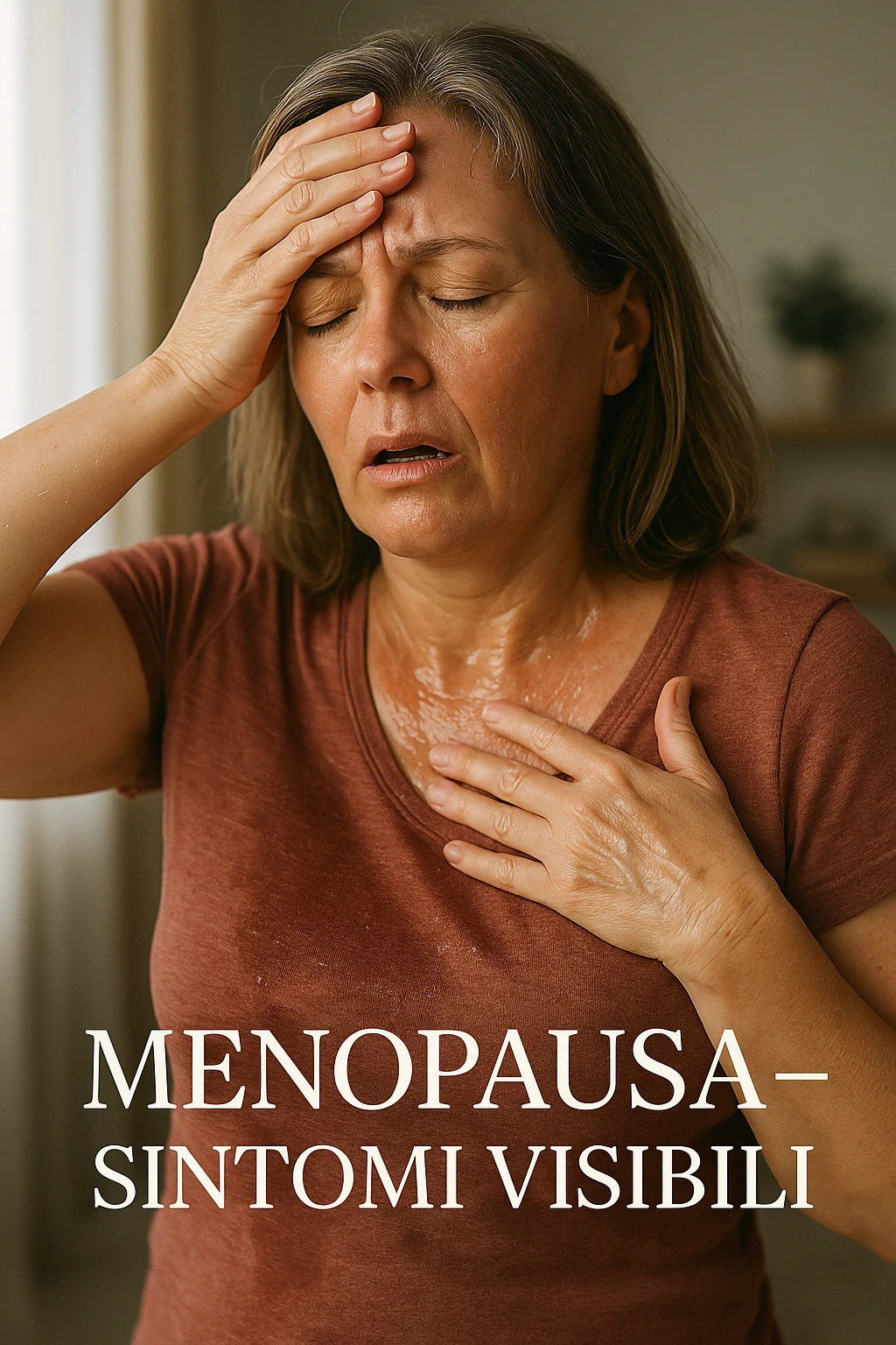 Donna in menopausa con sintomi evidenti. immagini specifiche, se usi testo deve essere in italiano. immagini realistiche 4k emoji