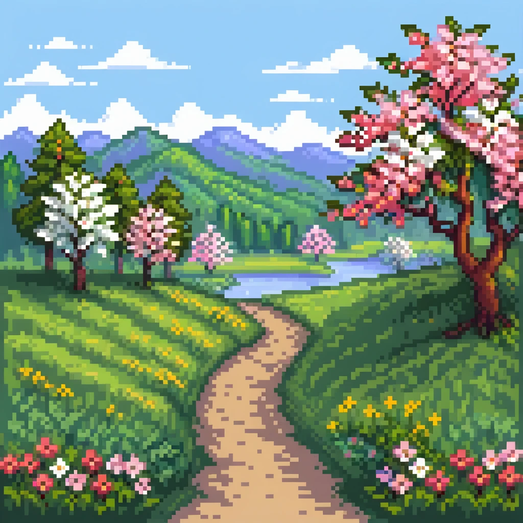 Spring landscape with blooming cherry trees, colorful flowers, and green grass emoji