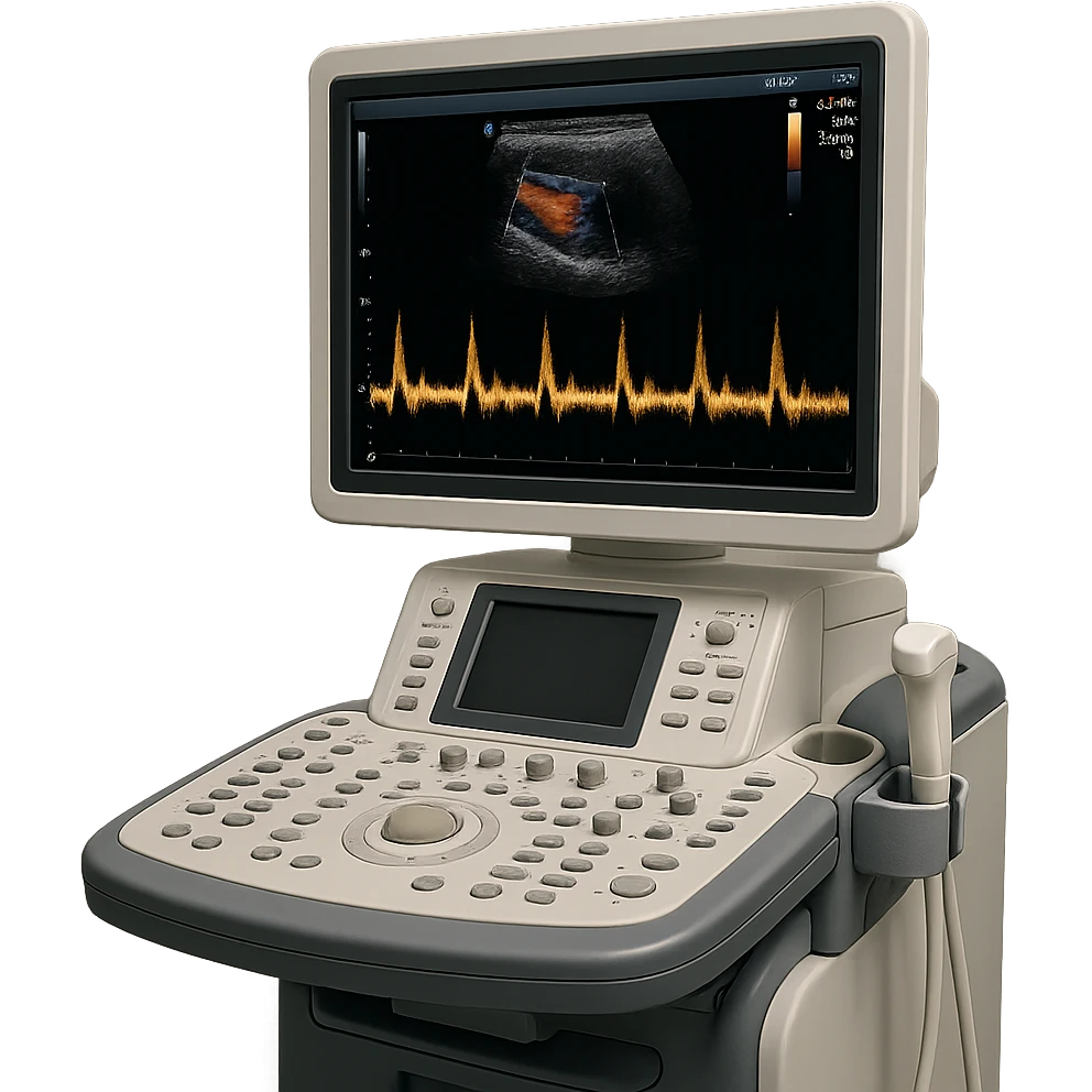 ultrasound machine with doppler waveform on screen, clinical environment, realistic details emoji