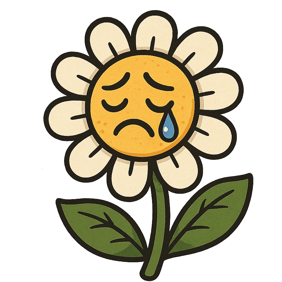 Make the sad flower have a teardrop in the style of cartoonish stickers emoji