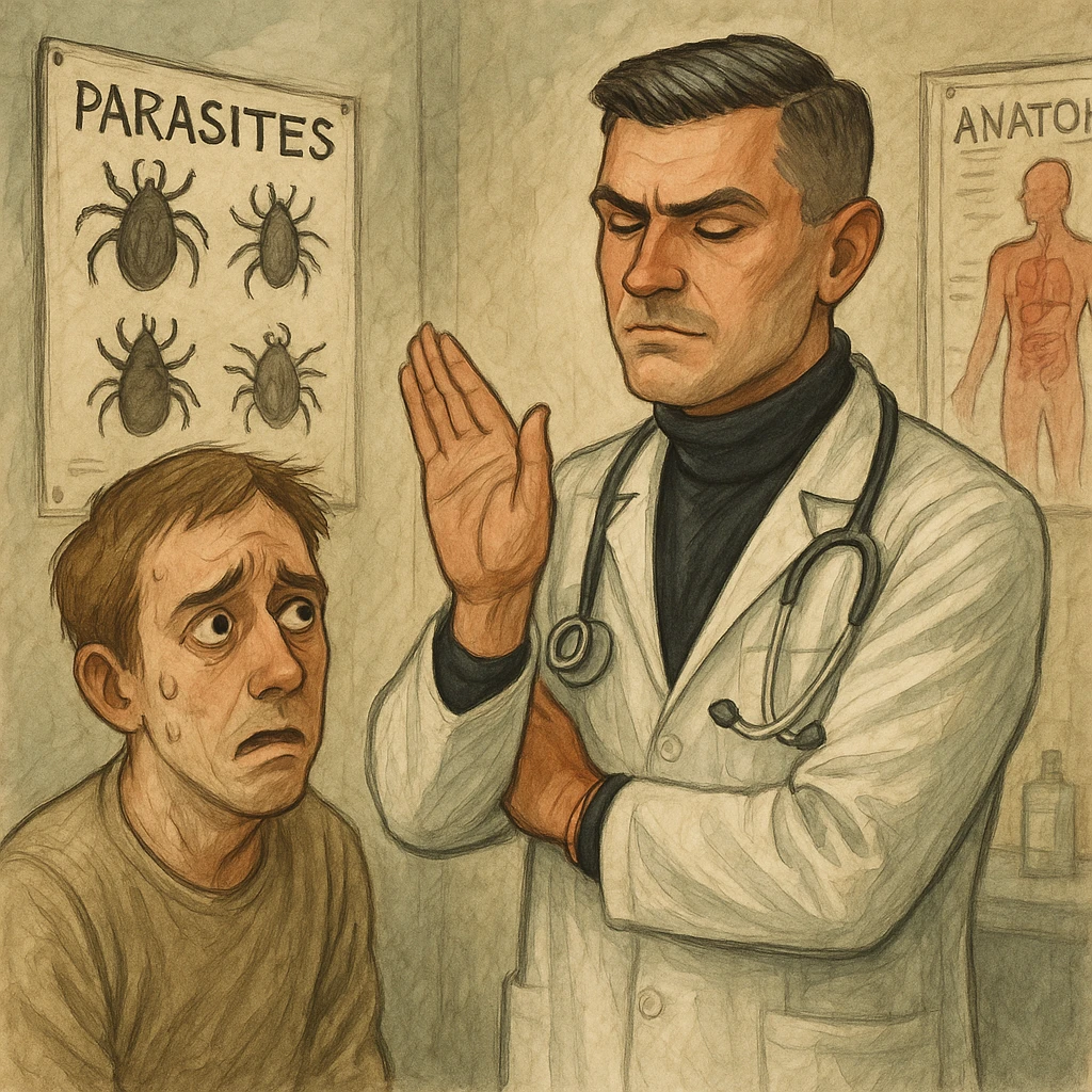 Create a semi-realistic or expressive style image of a male doctor inspired by the reference image, wearing a white coat. The doctor is ignoring a diagnostic chart with parasites, making a dismissive hand gesture. The patient has a worried face. The background is clinical with posters. The mood is critical and ironic. emoji
