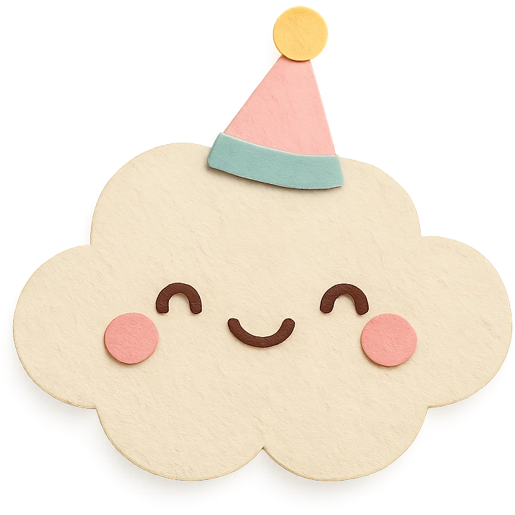 kawaii cute cloud, wearing tiny party hat, smiling, soft pastel colors, no limbs, full body, paper craft style emoji