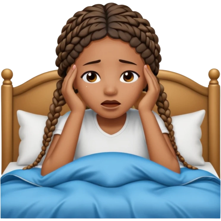 Black woman with braids in a big king size bed on one side by herself crying emoji