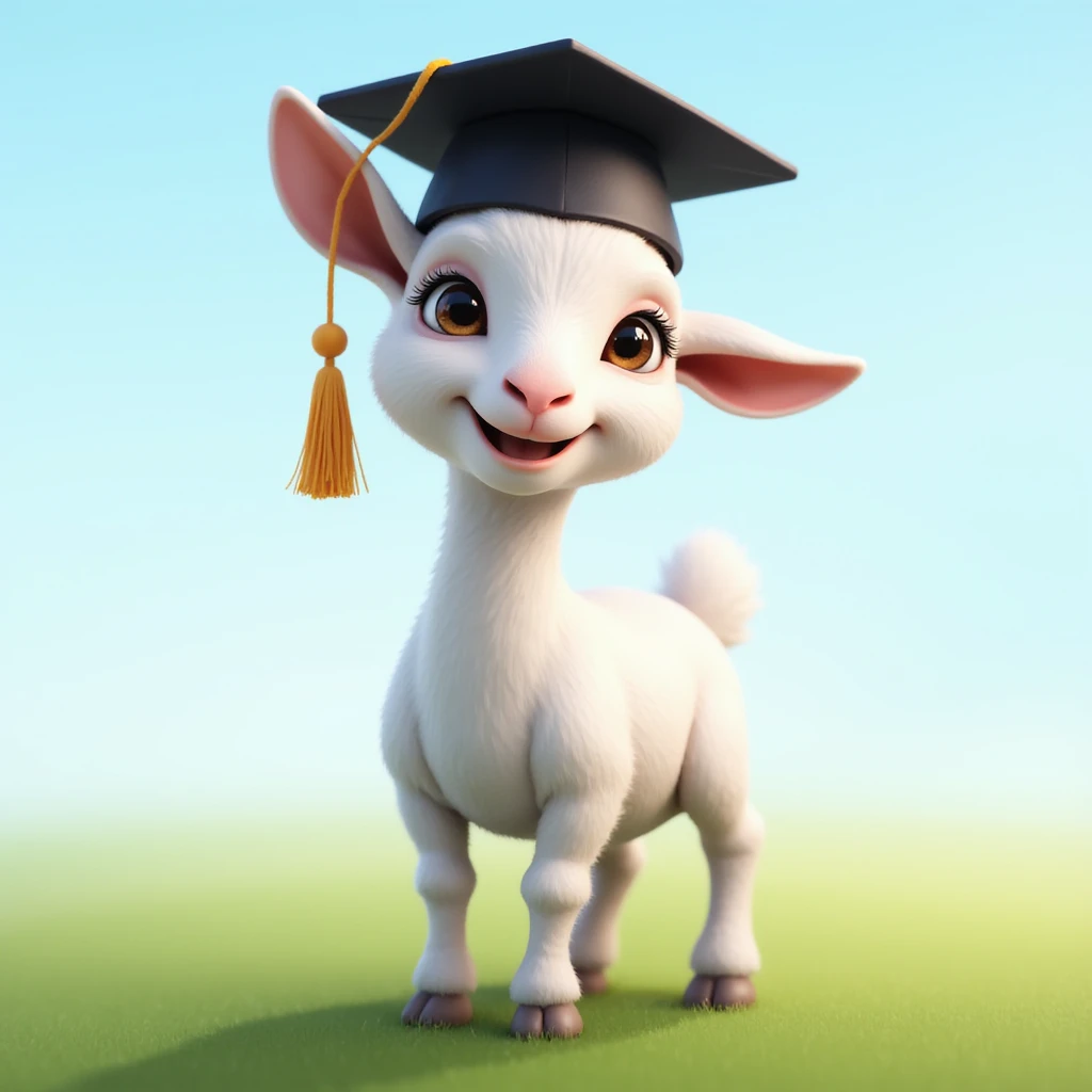 cute white goat standing on green grass, wearing a black graduation cap, bright daylight, soft blue sky background, proud and confident expression, semi-realistic style emoji