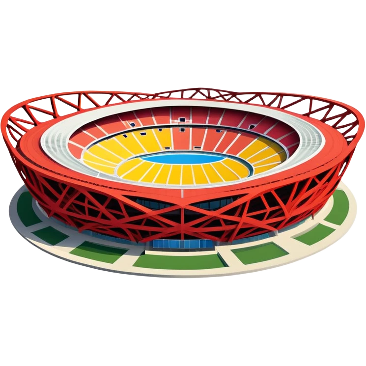Beijing National Stadium Bird's Nest Olympic structure, simplified emoji style with bold outlines and bright colors, cartoon style modern nest-like building emoji