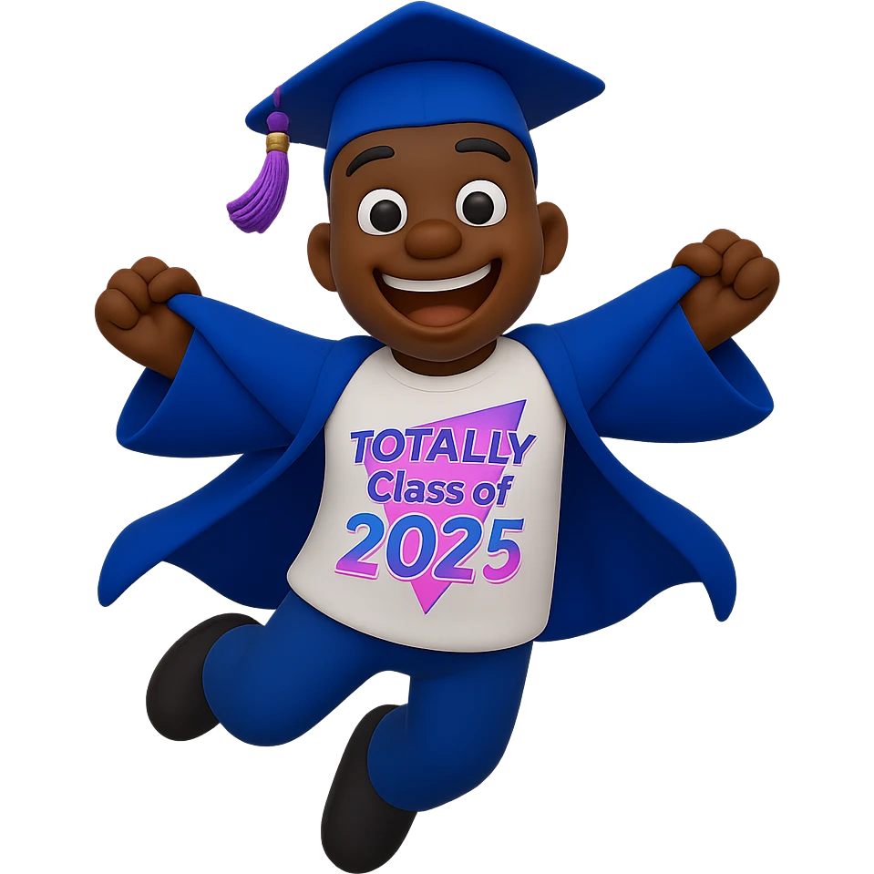 Create a cool emoji based on the person in the reference photo, wearing a graduation outfit, jumping in the air with excitement, in a 3D cartoon style. Background should be transparent. emoji