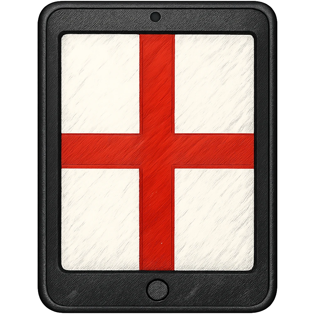 iPad tablet with English flag, bufo style emoji