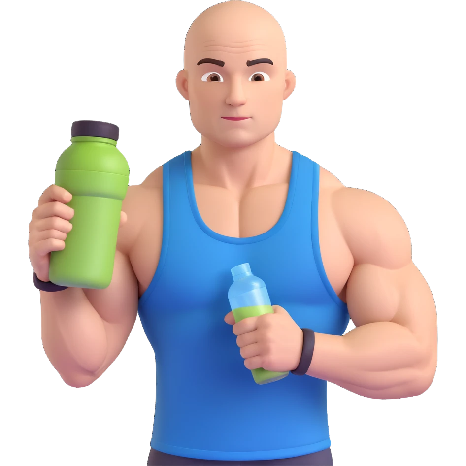 emoji of muscular bald man resembling Dwayne Johnson flexing with a protein shaker, wearing a tank top emoji