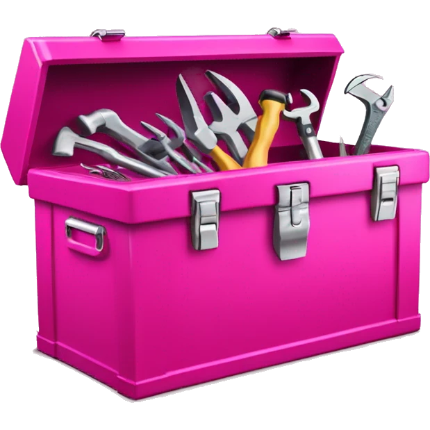 Realistic metallic hot pink tool box with top open and tools inside of it isolated.  emoji