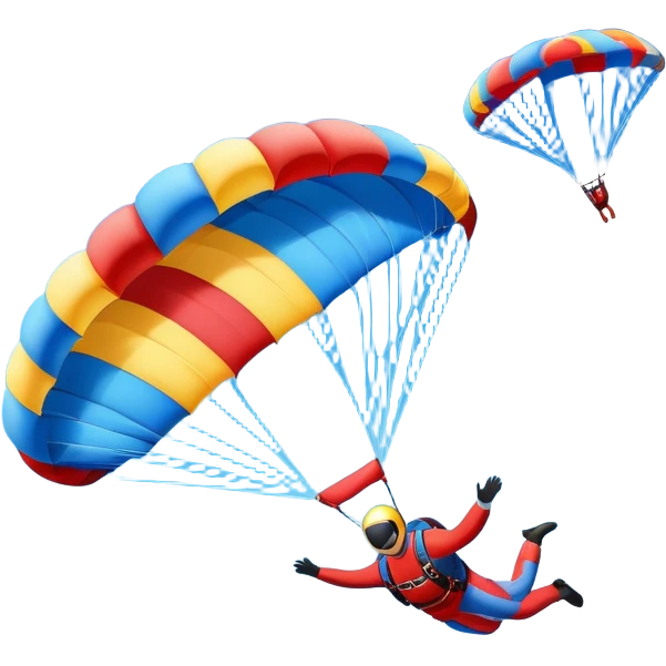 A skydiver free-falling through the sky, with a brightly colored parachute open above them. The background features a vast blue sky dotted with fluffy clouds, birds soaring nearby, and a plane flying off in the distance, emphasizing the thrill and freedom of the sport. emoji