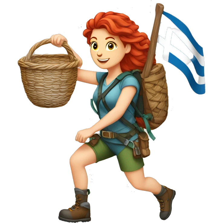 Female mountaineer red hair climbing with Easter eggsbasket and Greek flag emoji