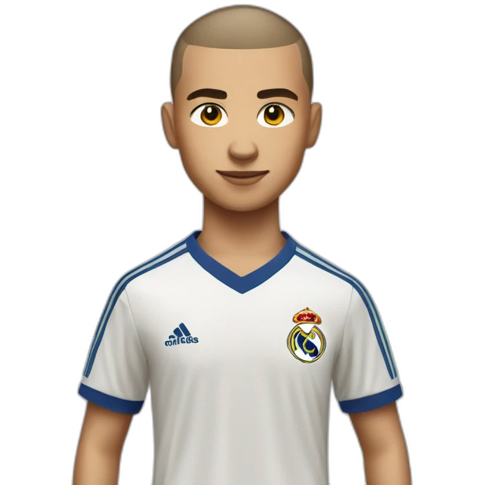Young soccer player with a buzz cut hair with real madrid jersey, apple style emoji