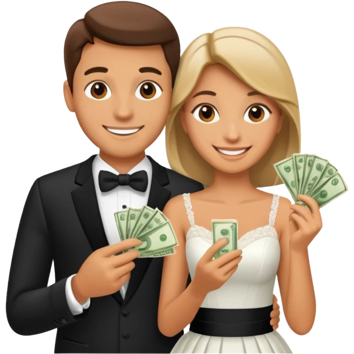 a newlywed couple holding money emoji