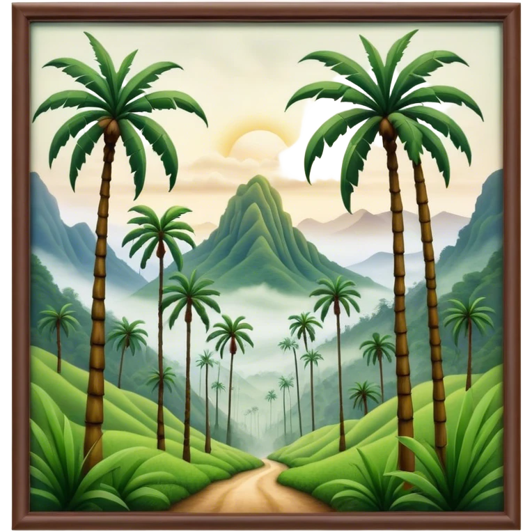 Cinematic Realistic Cocora Valley Landscape Emoji, depicted with towering wax palm trees in a lush, misty valley rendered with rich textures and dynamic, natural lighting. emoji