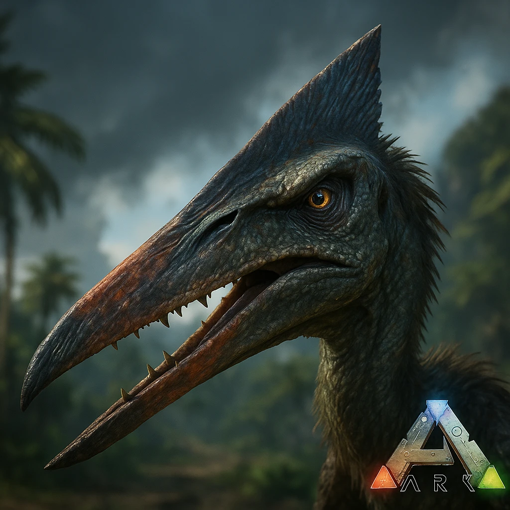 quetzalcoatlus dinosaur in the style of the Ark: Survival Evolved game, close-up of head and beak, intense expression, game-like rendering emoji