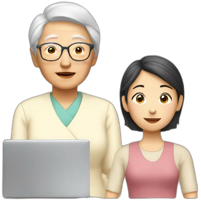 young asian lady in front of computer with old grandma standing next to her emoji