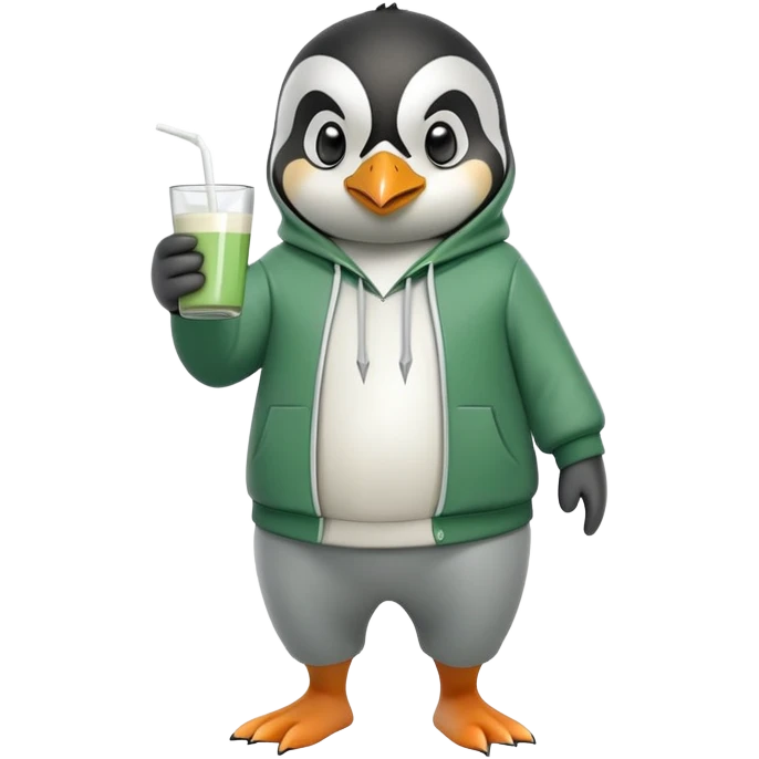 full body portrait of a friendly anthropomorphised penguin wearing a green mafia-style tracksuit, angry, confident scheming stance, holding a glass of milk emoji