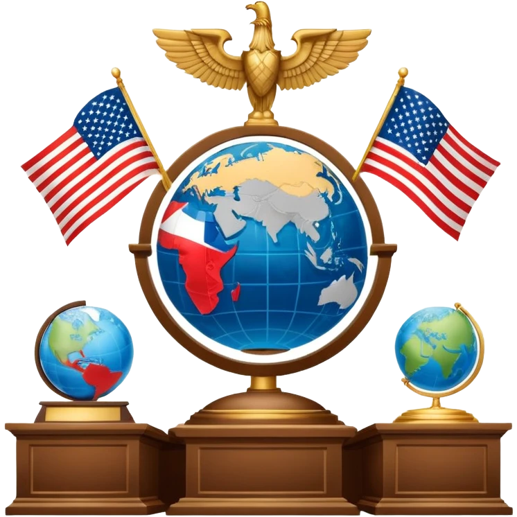icon featuring podium with a speaker, russian and american flags, and voting ballots. The design includes a globe and scales of justice in the background, representing governance, global affairs, and political theory. Transparent background emphasizes civic engagement and policy. emoji