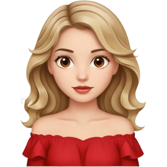 a beautiful girl with wavy and dark blond hair and her eyes are brown. The girl from once has a beautiful red blouse in which from the shoulders starts  emoji