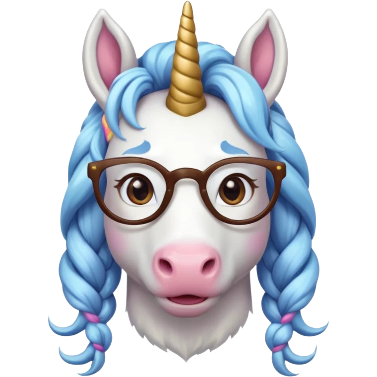 braided unicorn wiith big visible braids looking into the camera spectacled emoji