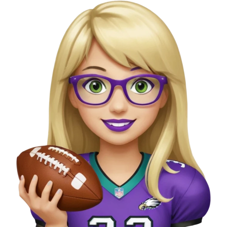 long blonde hair with bangs black rectangle glasses female green eyes football player wearing eagles uniform jersey number 33 holding football smiling purple lipstick emoji